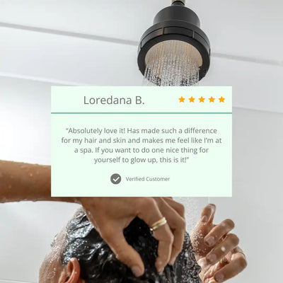 Flowy filtered showerhead in use – customer review from Loredana B. 5 stars