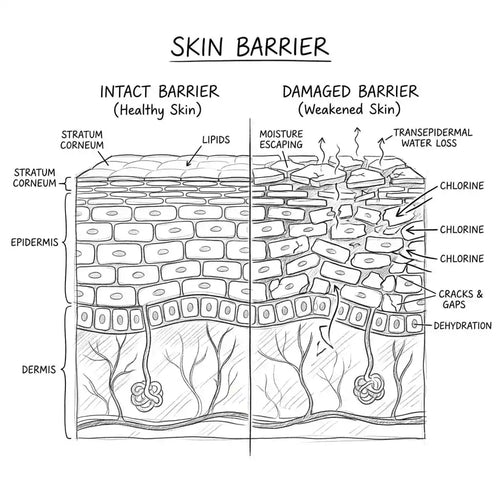 Hand-drawn illustration of chlorine breaking the skin barrier and causing moisture loss
