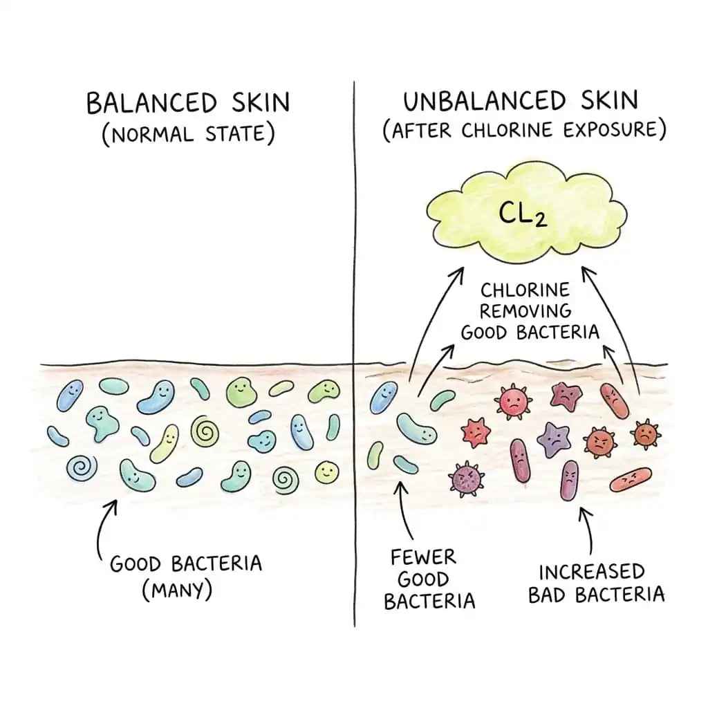 Hand-drawn illustration showing chlorine disrupting the skin microbiome and increasing acne risk