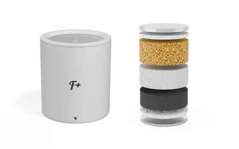Flowy shower filter cartridge and multi-stage layers showing filtration media designed for Australian tap water.