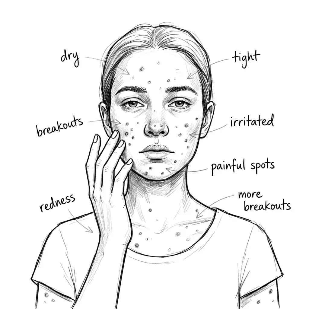 Hand-drawn sketch of person with acne, dry skin, and irritation caused by shower water